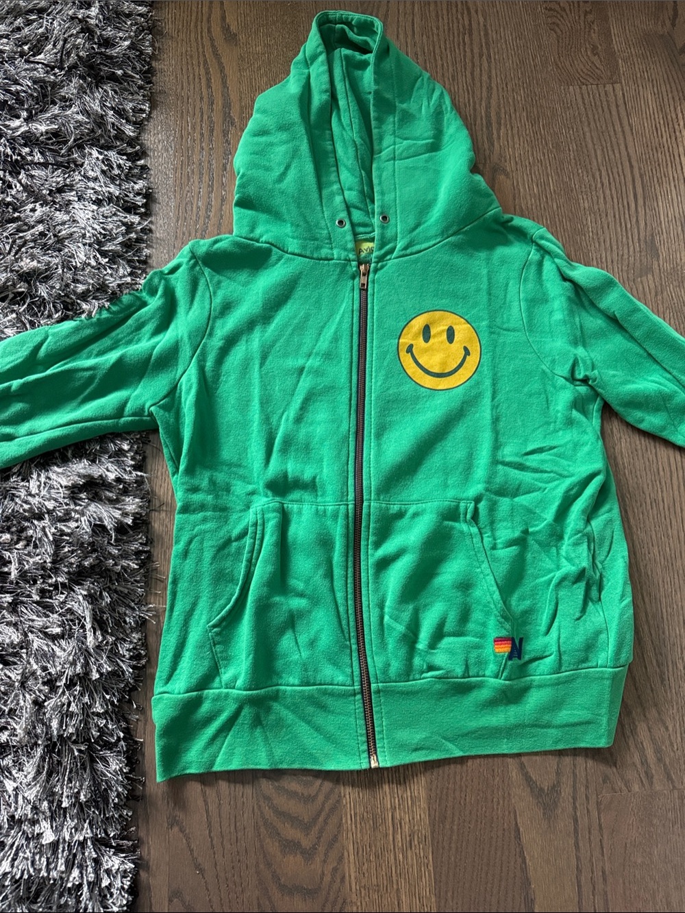 Aviator Nation Green Unisex Zip Hoodie with Yellow Smile Patch
